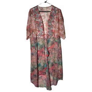 Soft Surroundings Primavera Sheer Swimcover Embroidered Sequin Ties Kimono XL
